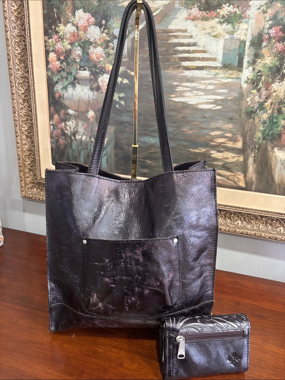 Patricia Nash Embossed Floral Leather Tote - Black with Plum including wallet - Picture 2 of 5